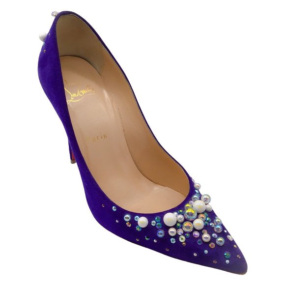 Christian Louboutin Shoes - CHRISTIAN LOUBOUTIN CANDIDATE 100 PURPLE EMBELLISHED POINTED TOE SUEDE PUMPS